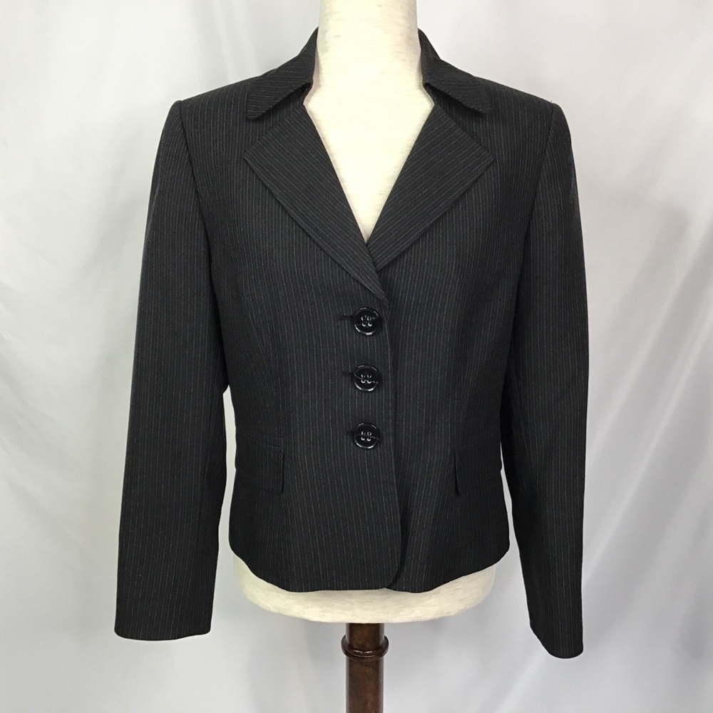 TAHARI Blazer Size 8 Petite Jacket Arthur Levine Suit Pin Stripe Black Multi - Picture 1 of 10
